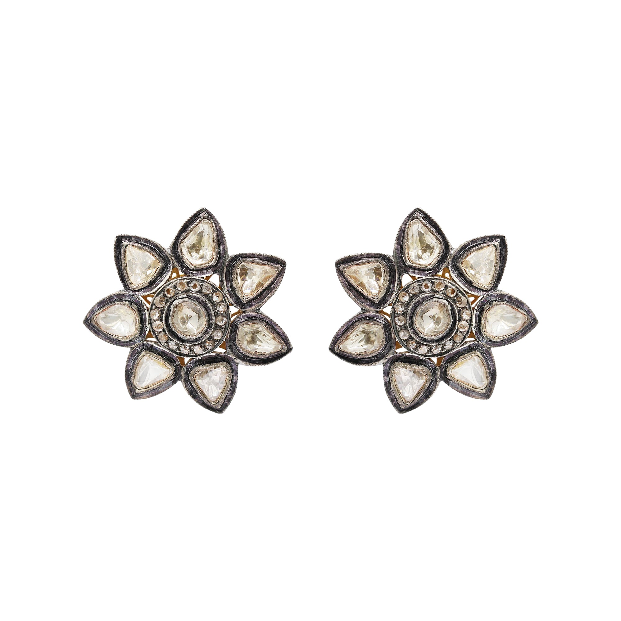 Polki Diamond Floral Design 925 Sterling Silver Gold Plated Stud Earring