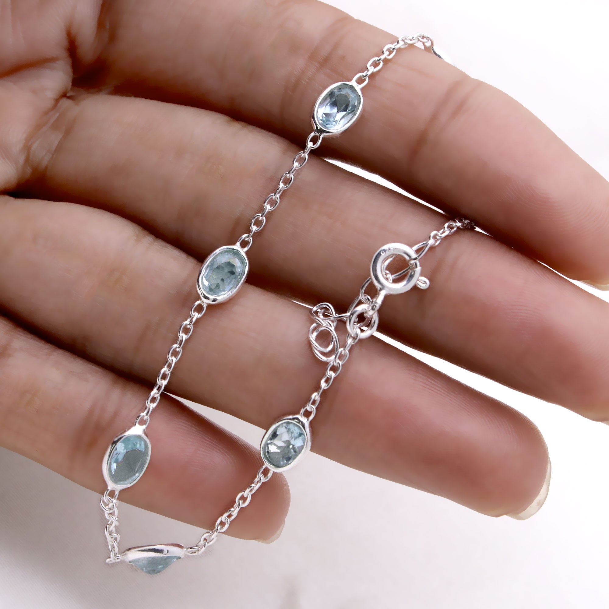 Natural Blue Topaz Silver Bracelet | Handmade Gemstone Chain Bracelet | December Birthstone.