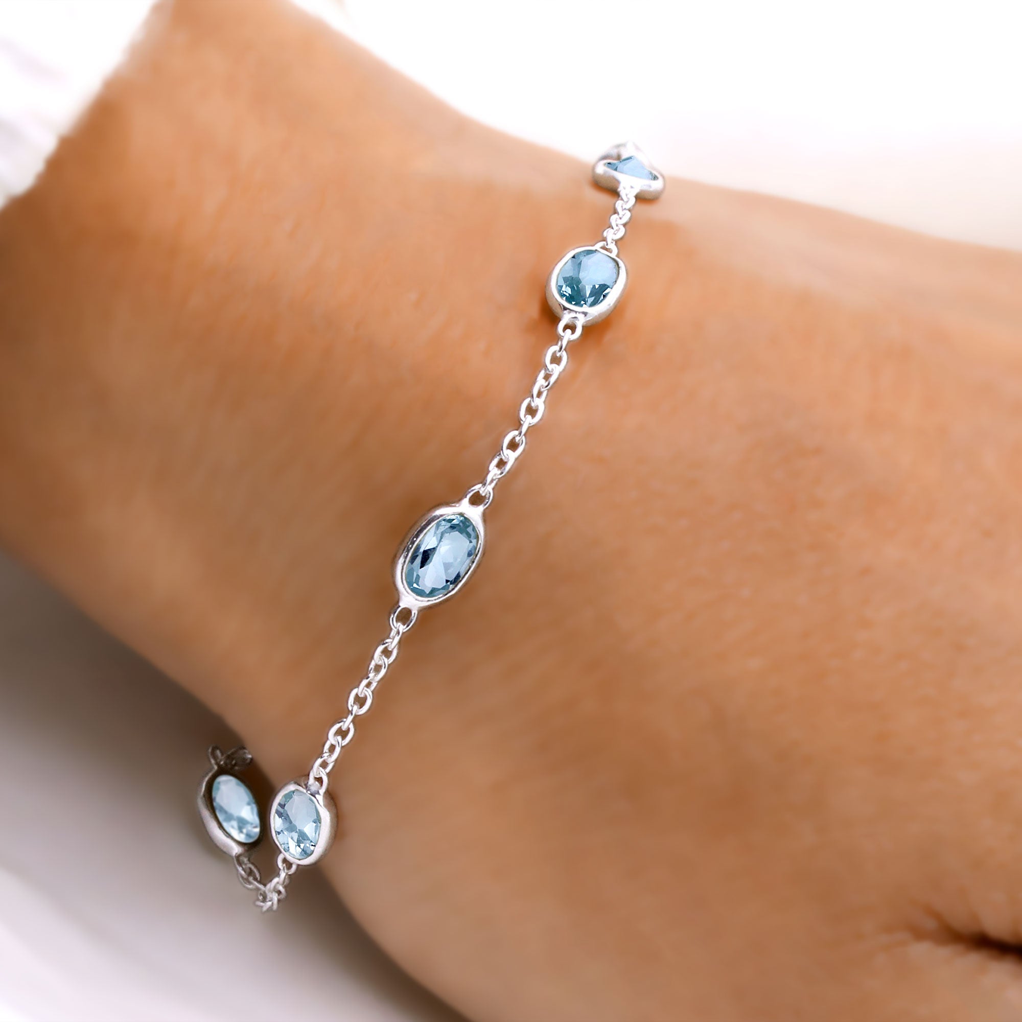 Natural Blue Topaz Silver Bracelet | Handmade Gemstone Chain Bracelet | December Birthstone.
