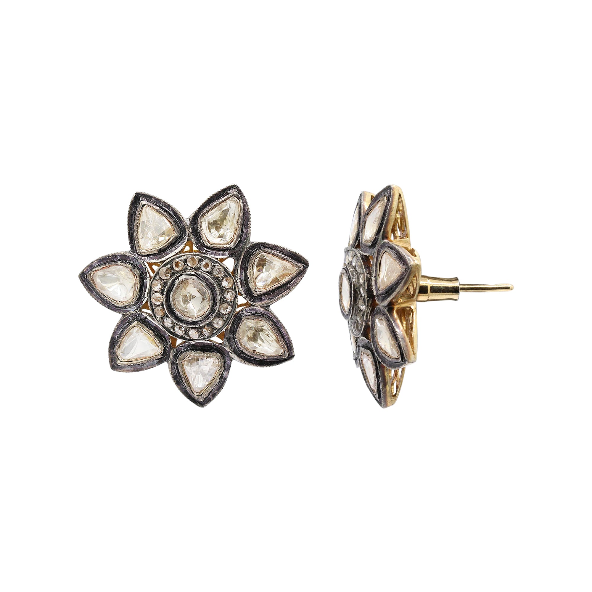 Polki Diamond Floral Design 925 Sterling Silver Gold Plated Stud Earring