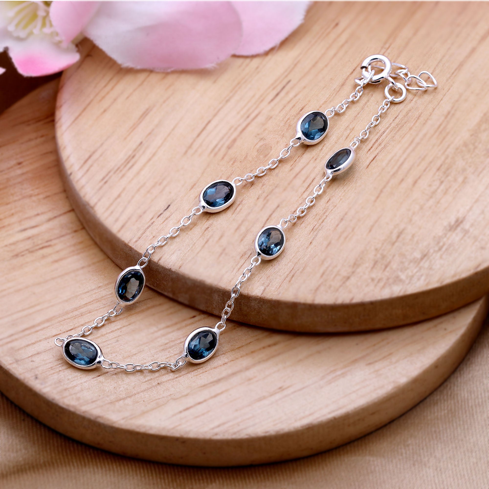 Natural London Blue Topaz Silver Bracelet | Handmade Gemstone Chain Bracelet | December Birthstone.