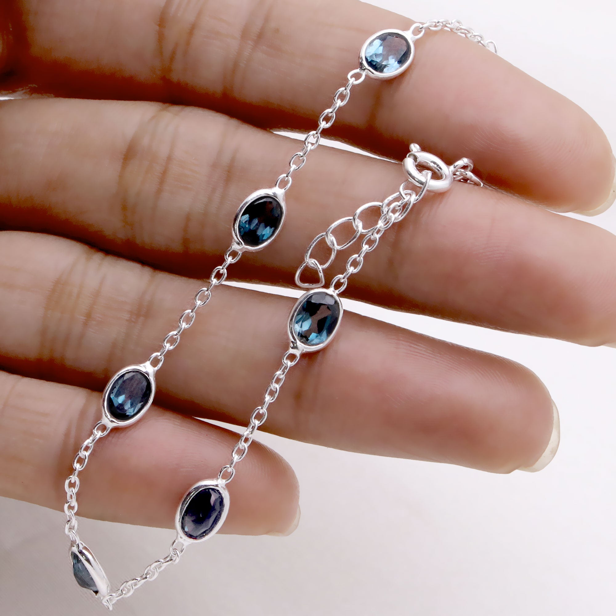 Natural London Blue Topaz Silver Bracelet | Handmade Gemstone Chain Bracelet | December Birthstone.