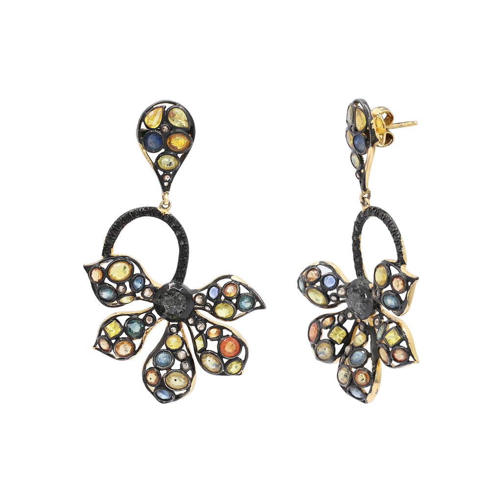 Multi Sapphire And Black Diamond 925 Sterling Silver Gold Plated Flower Earring