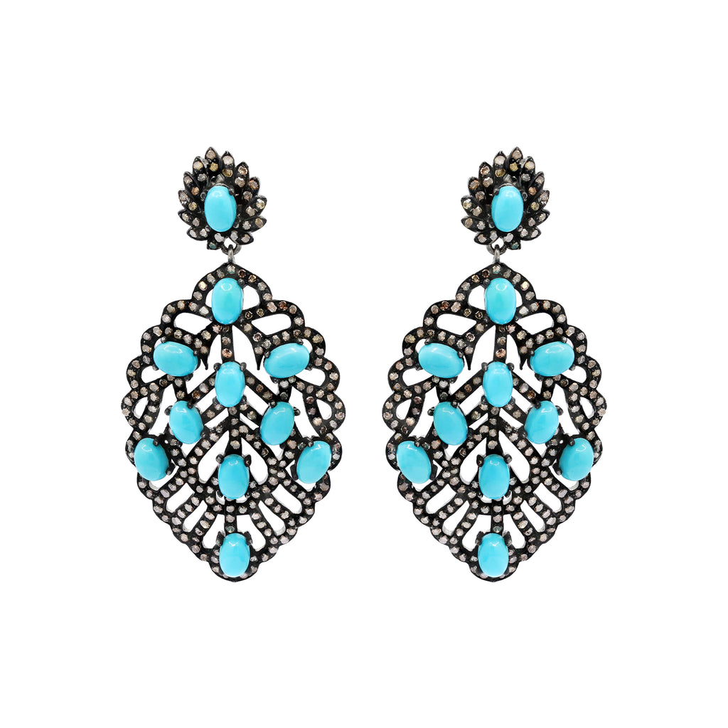 Turquoise And Diamond 925 Sterling Silver Leaf Design Drop Silver Earring