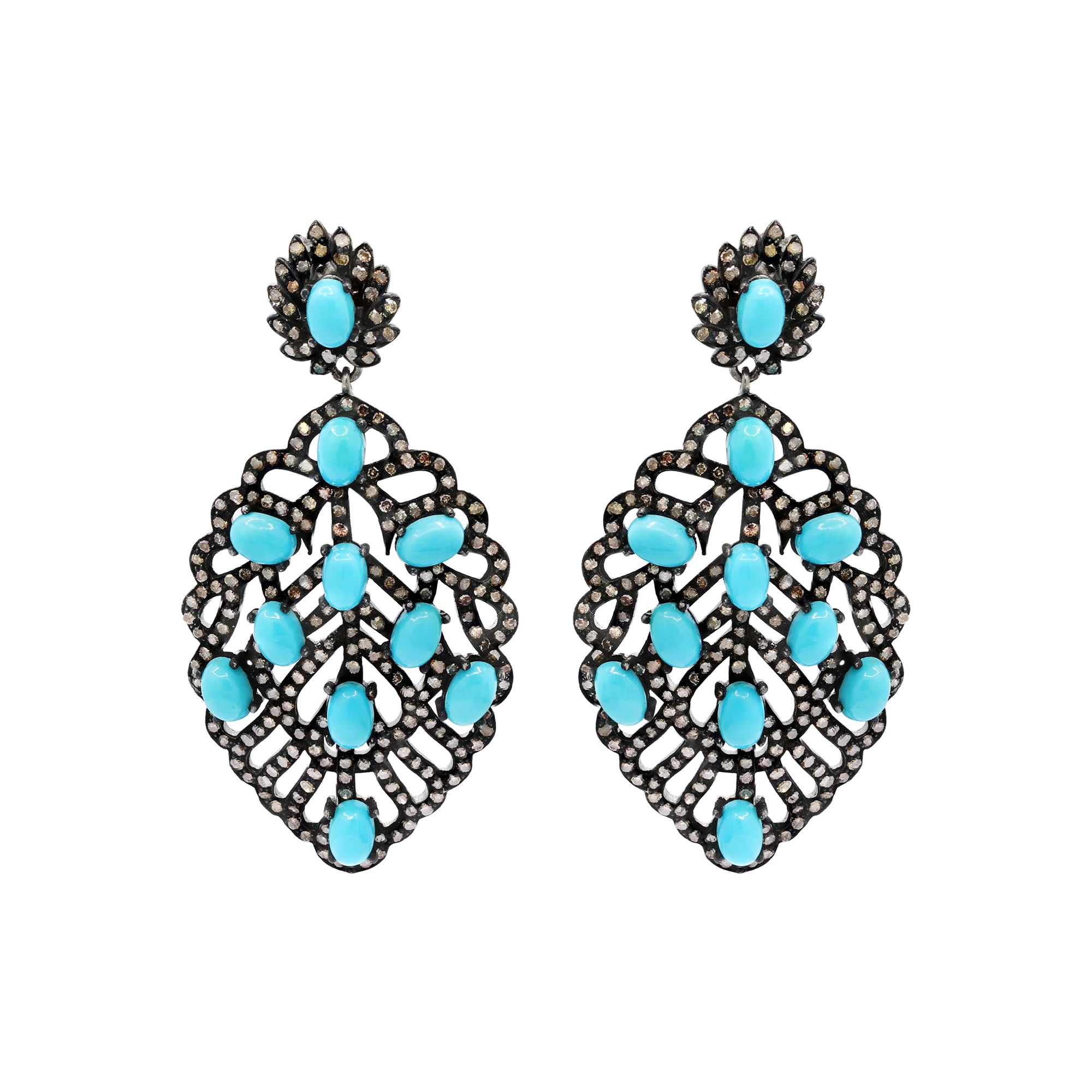 Turquoise And Diamond 925 Sterling Silver Leaf Design Drop Silver Earring