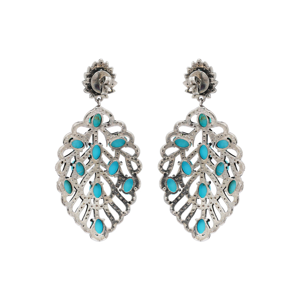 Turquoise And Diamond 925 Sterling Silver Leaf Design Drop Silver Earring