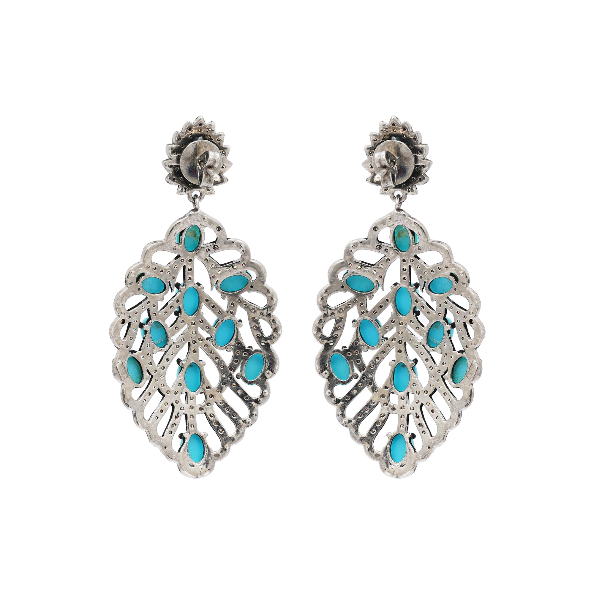 Turquoise And Diamond 925 Sterling Silver Leaf Design Drop Silver Earring