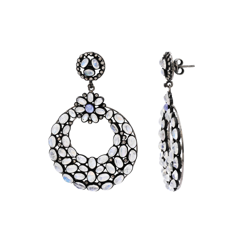 Natural Moonstone And Diamond 925 Sterling Silver Jumka Earring