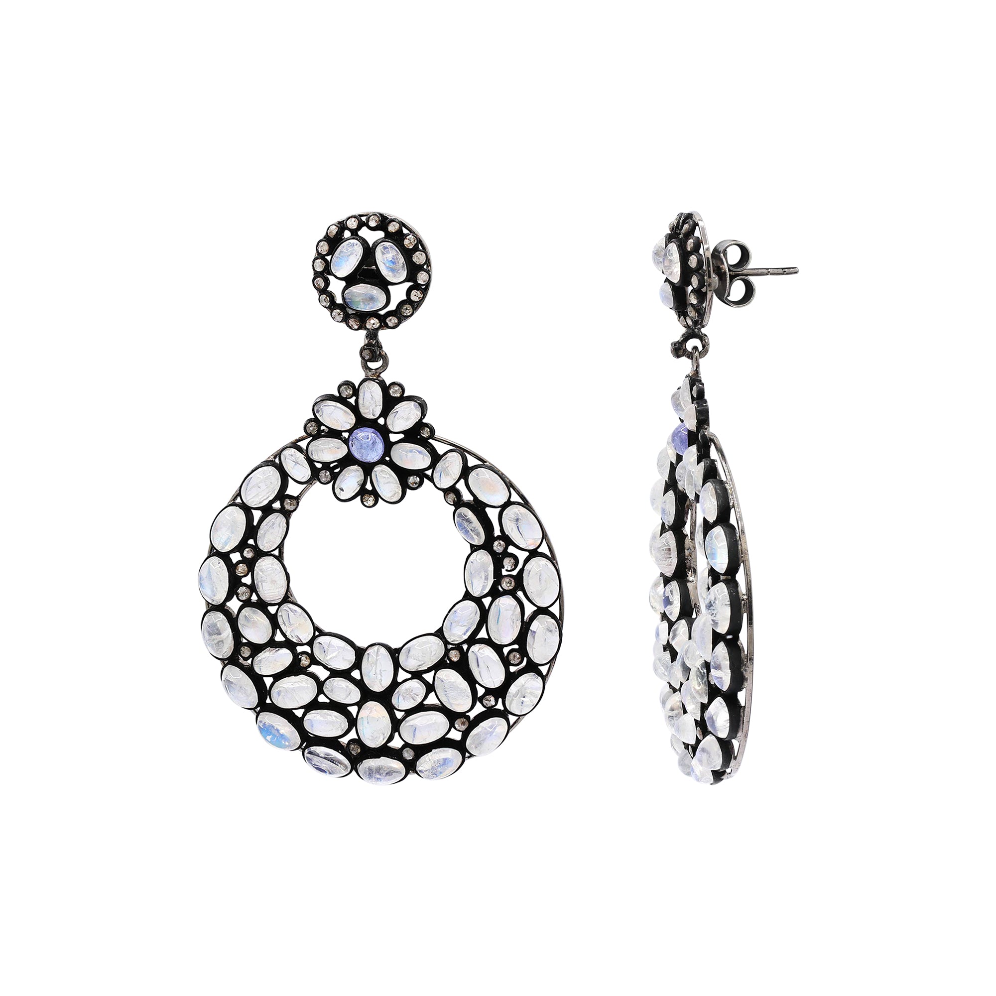 Natural Moonstone And Diamond 925 Sterling Silver Jumka Earring