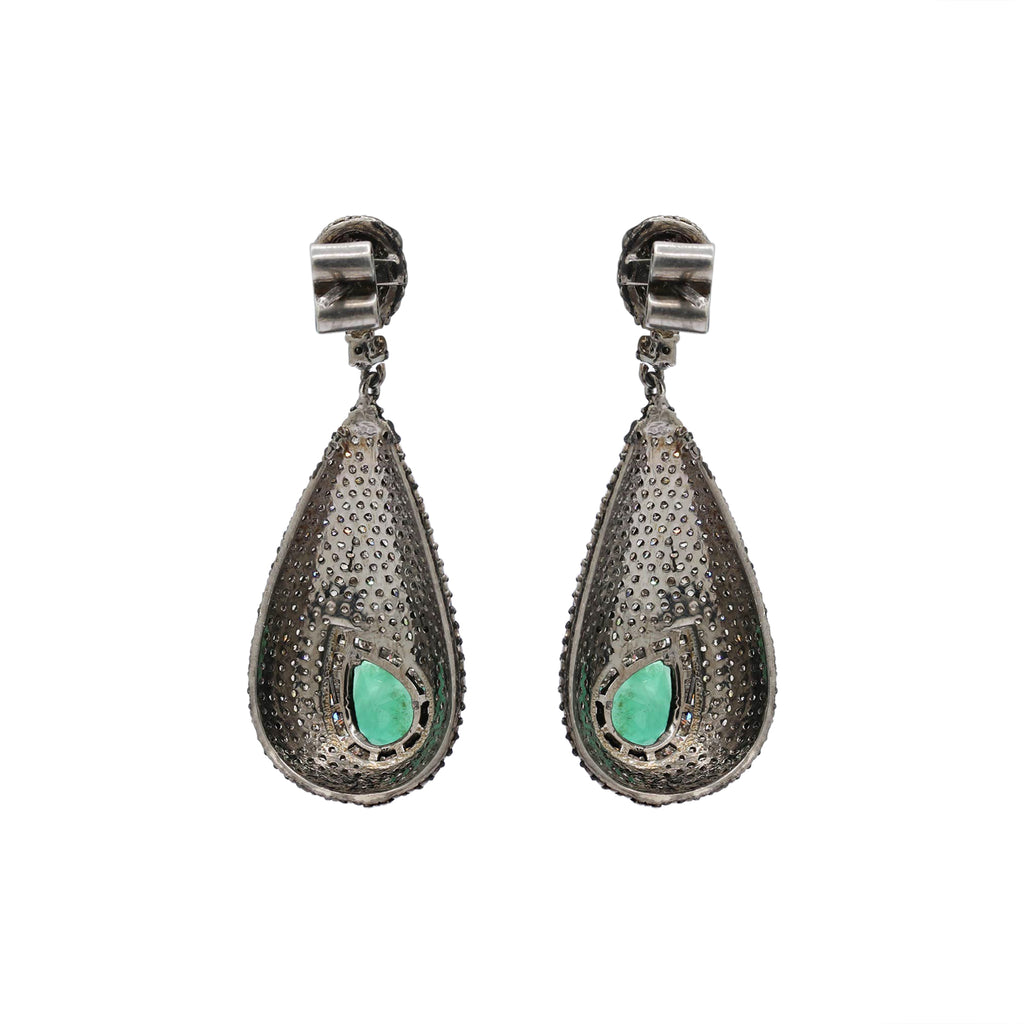 Precious Pear Emerald And Diamond 925 Sterling Silver Drop Earring