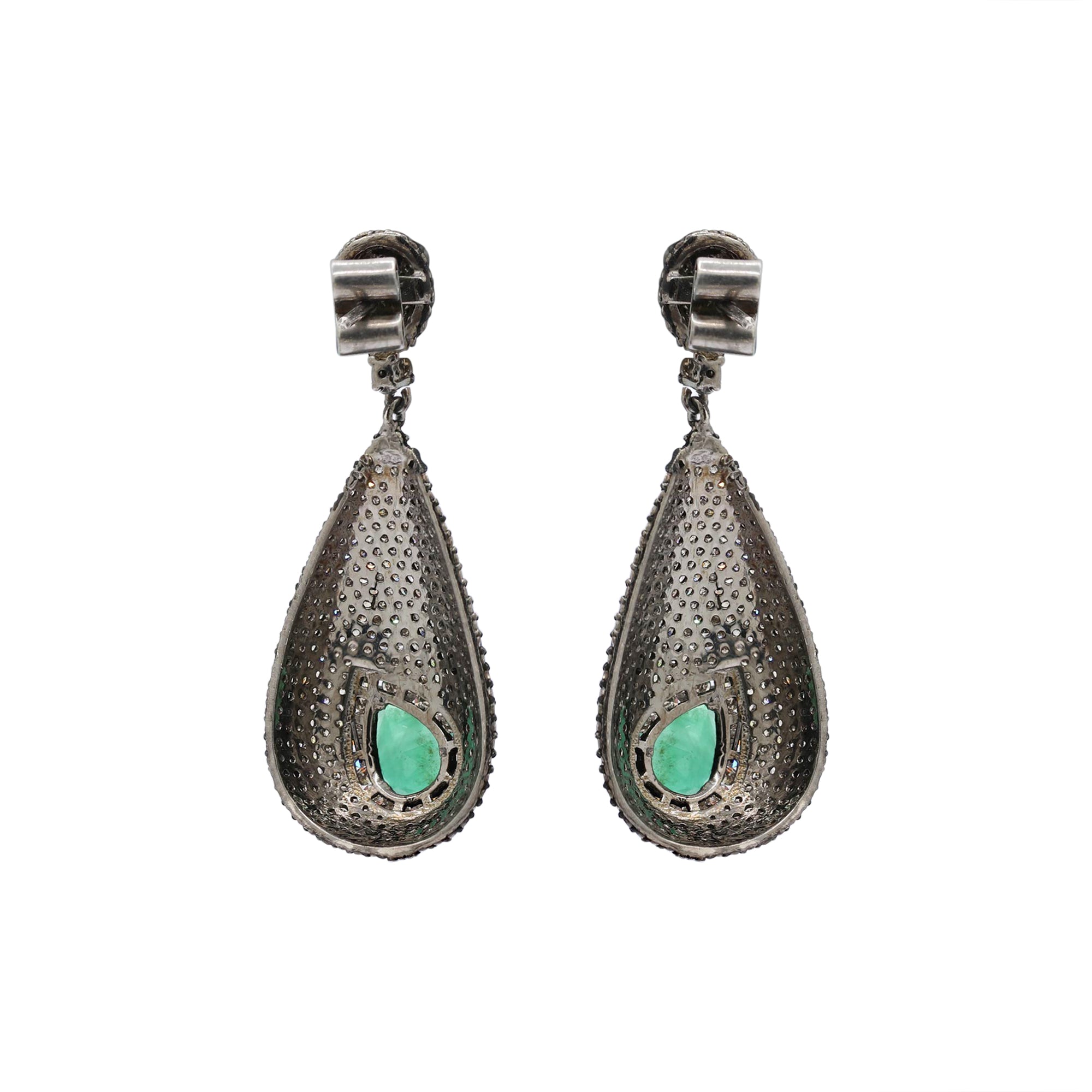 Precious Pear Emerald And Diamond 925 Sterling Silver Drop Earring