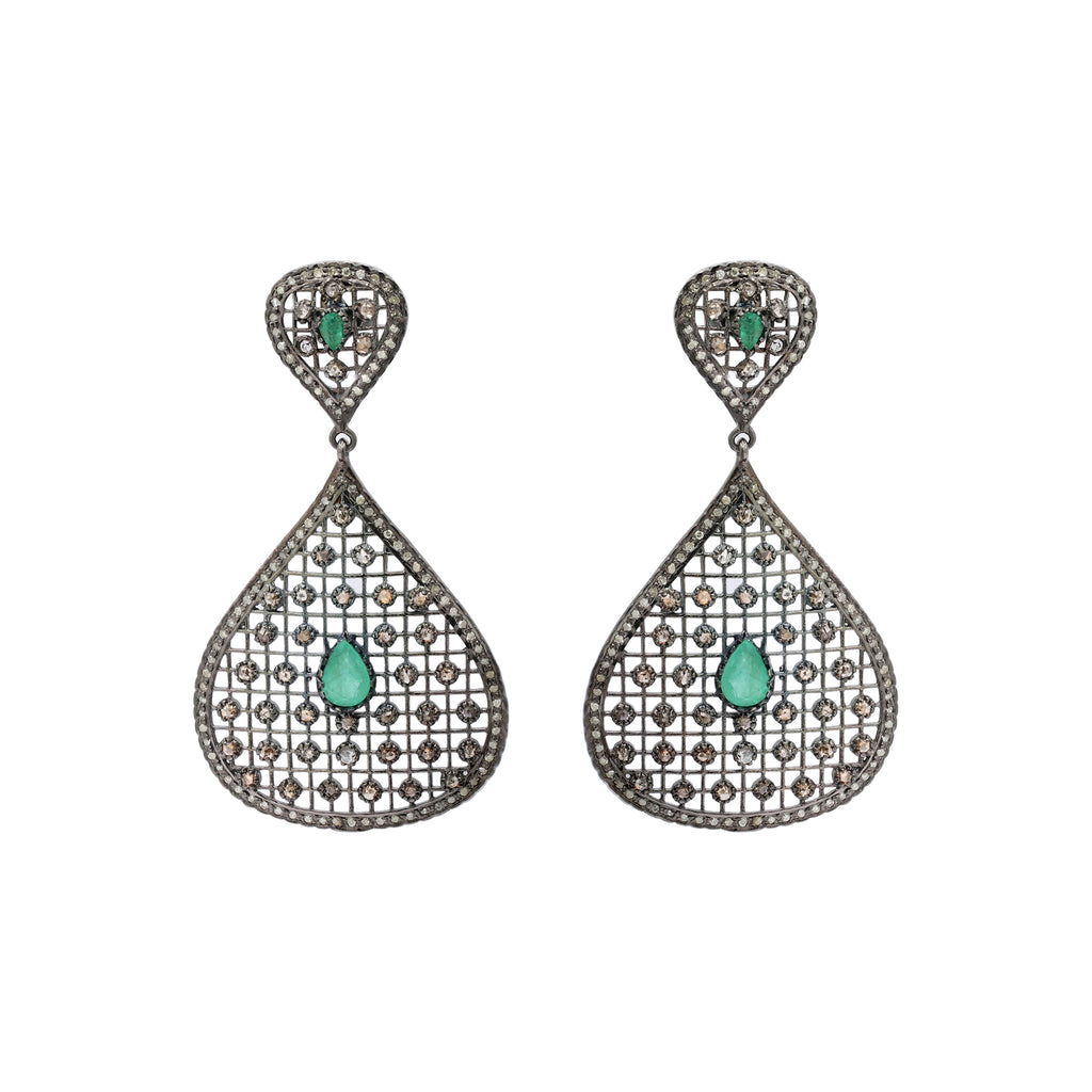 Natural Emerald And Diamond 925 Sterling Silver Drop Earring