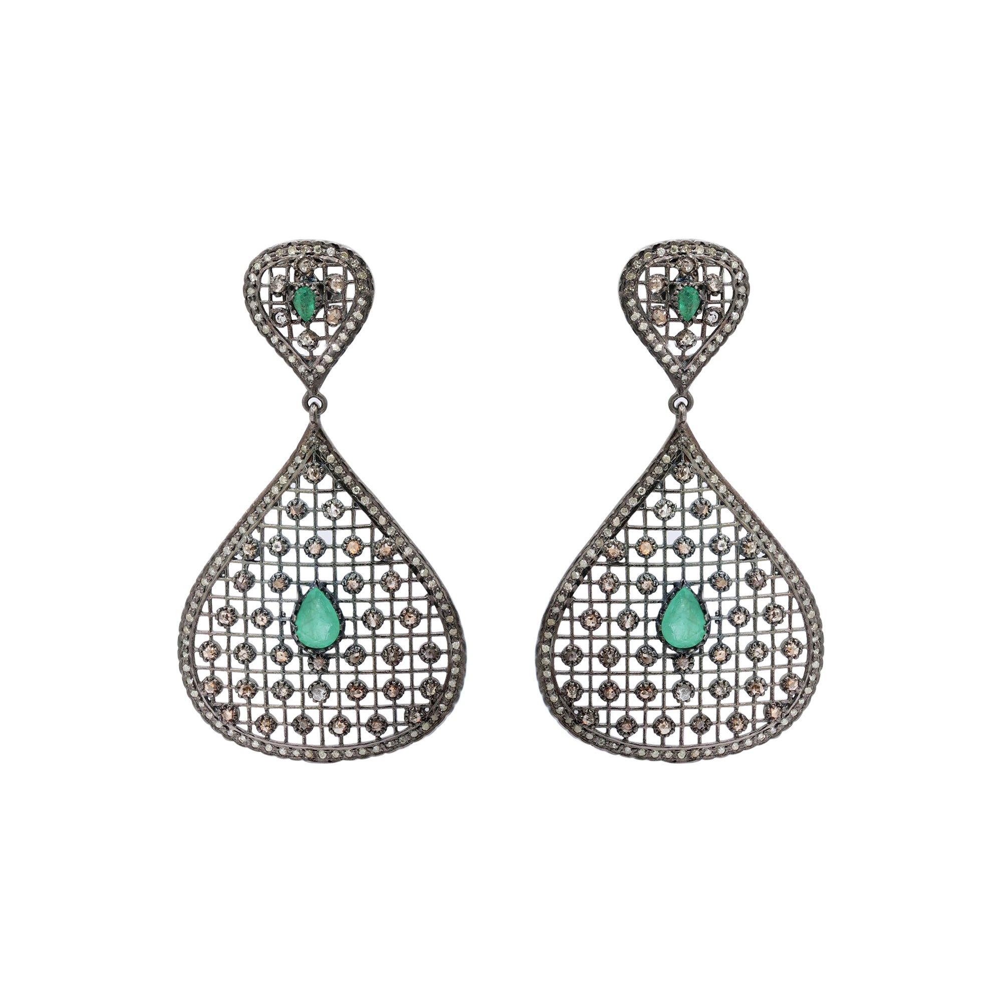 Natural Emerald And Diamond 925 Sterling Silver Drop Earring
