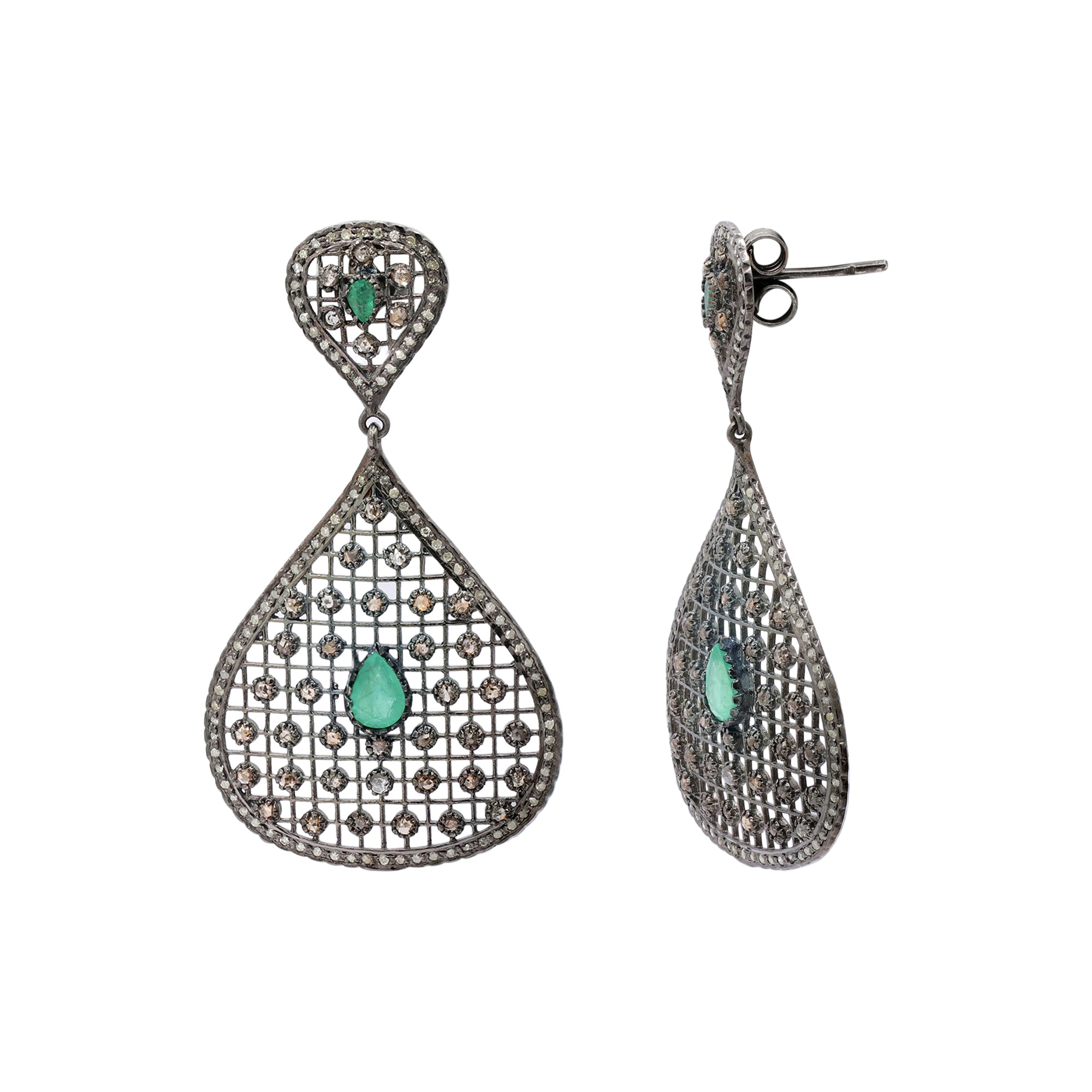 Natural Emerald And Diamond 925 Sterling Silver Drop Earring