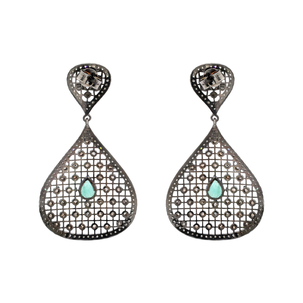 Natural Emerald And Diamond 925 Sterling Silver Drop Earring
