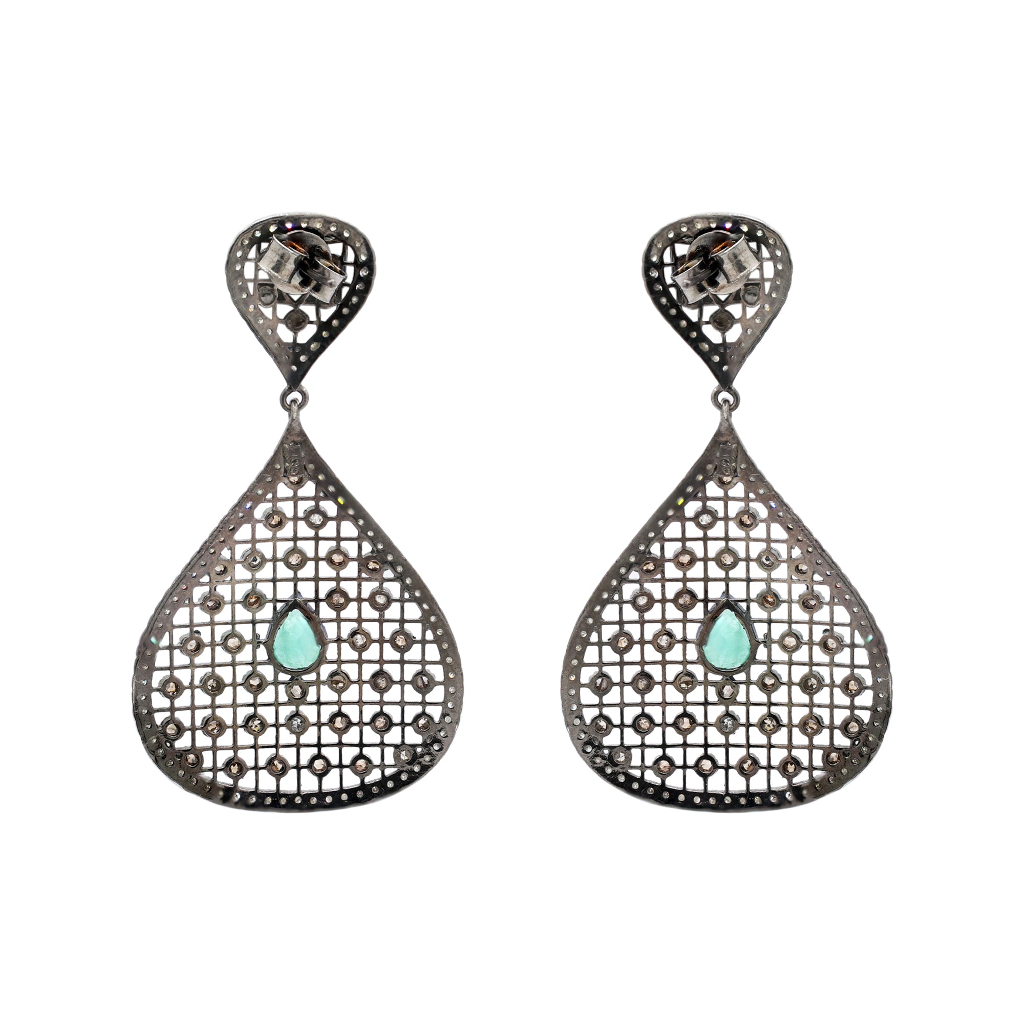 Natural Emerald And Diamond 925 Sterling Silver Drop Earring