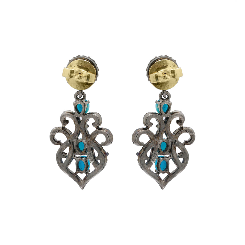 Natural Turquoise And Diamond 925 Sterling Silver Drop Earring