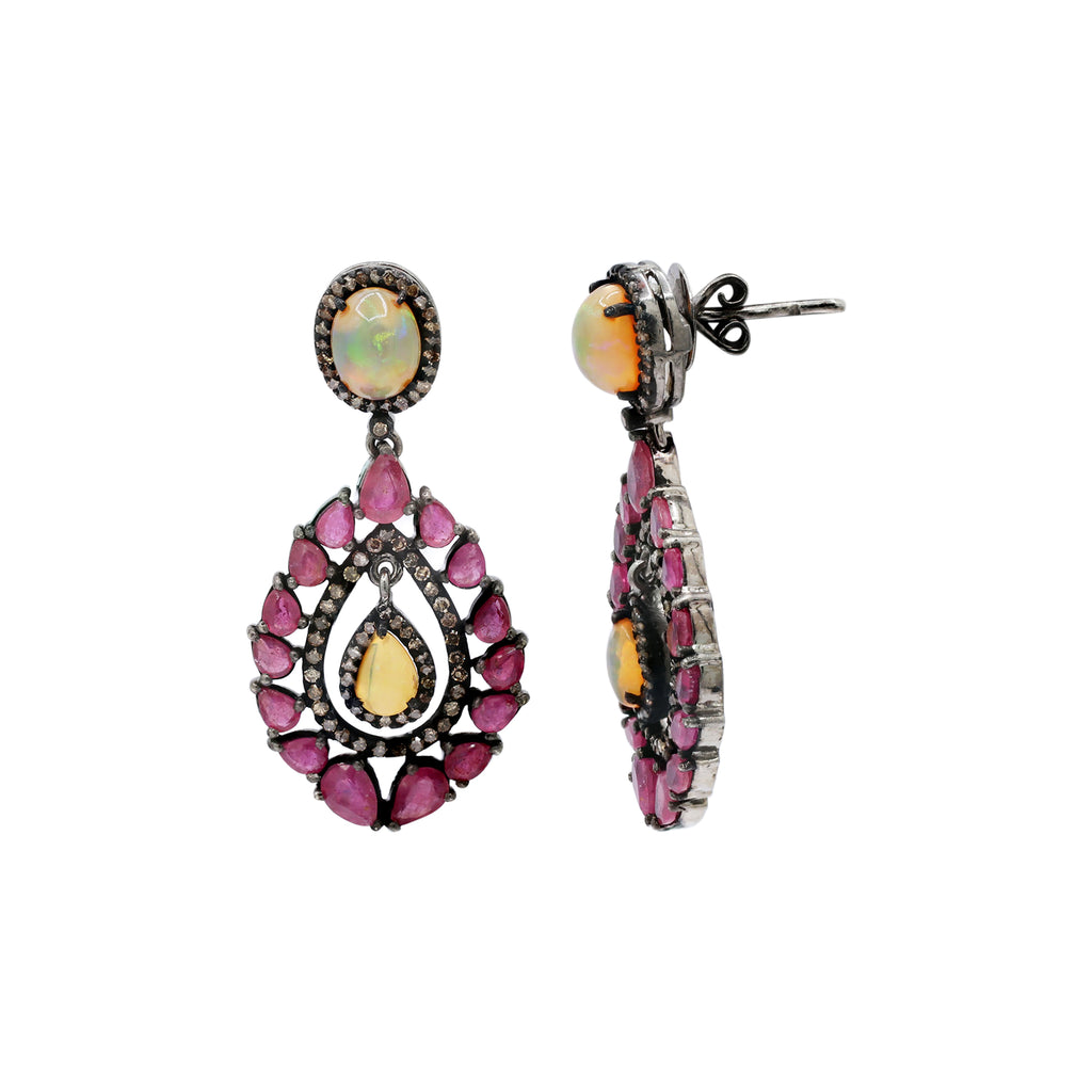 Natural Ruby, Opal And Diamond 925 Sterling Silver Drop Earring