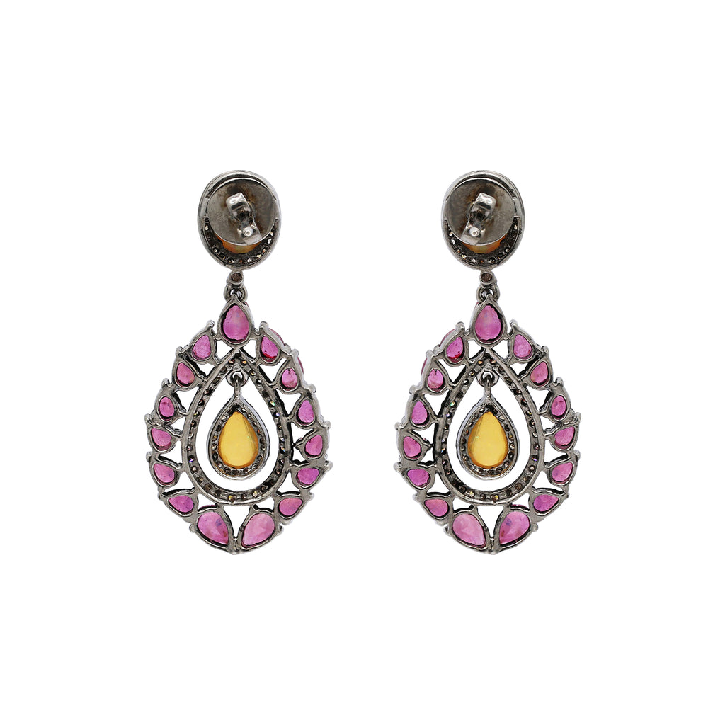 Natural Ruby, Opal And Diamond 925 Sterling Silver Drop Earring