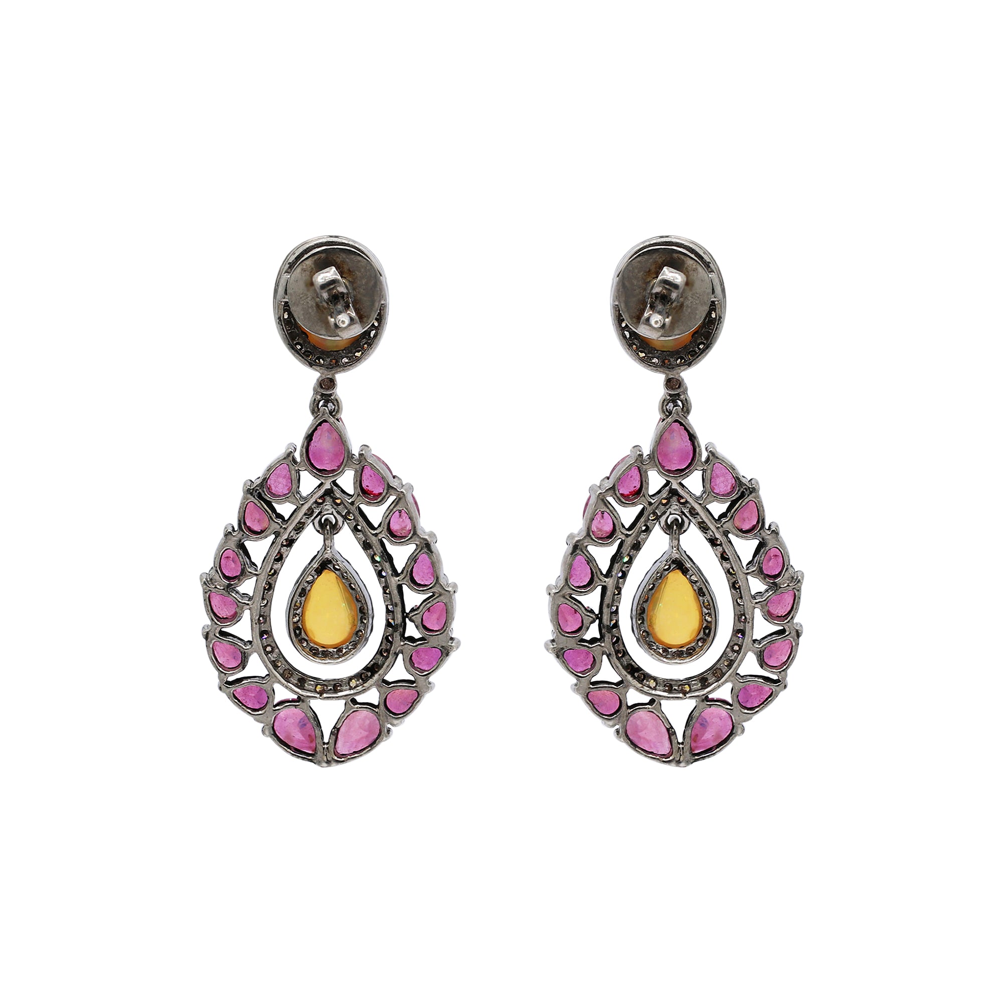 Natural Ruby, Opal And Diamond 925 Sterling Silver Drop Earring