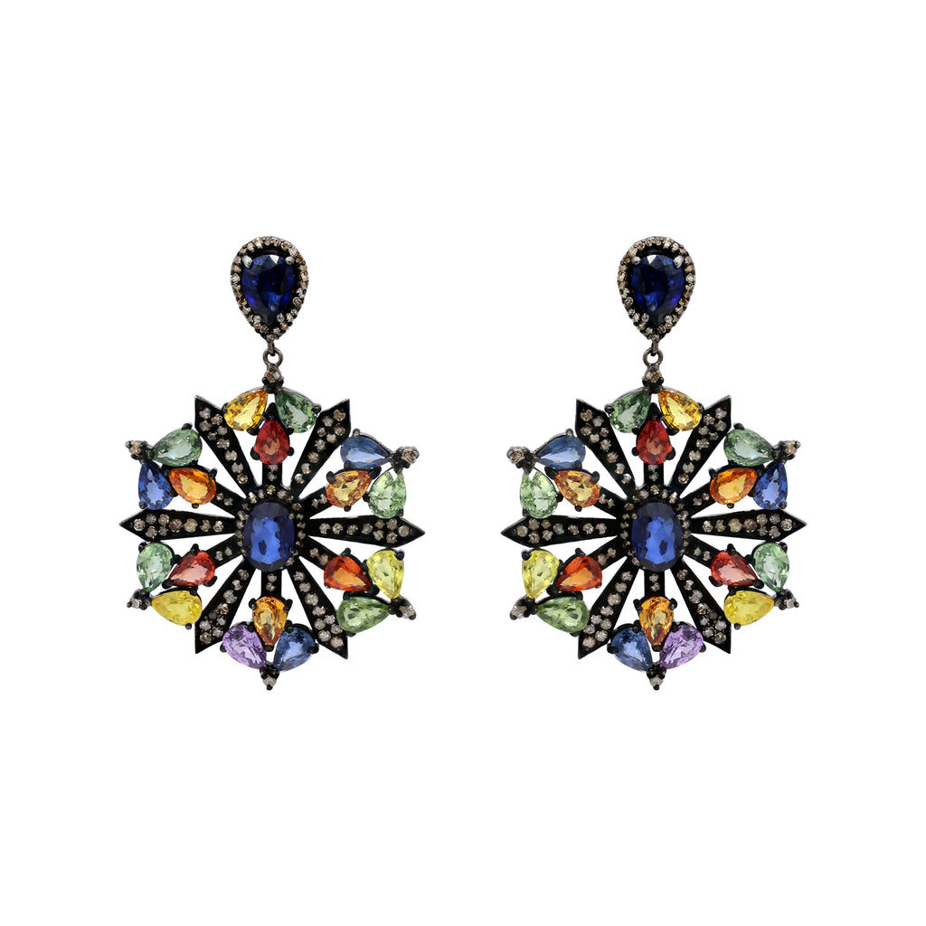 Natural Multi Sapphire And Diamond 925 Sterling Silver Beautiful Drop Earring
