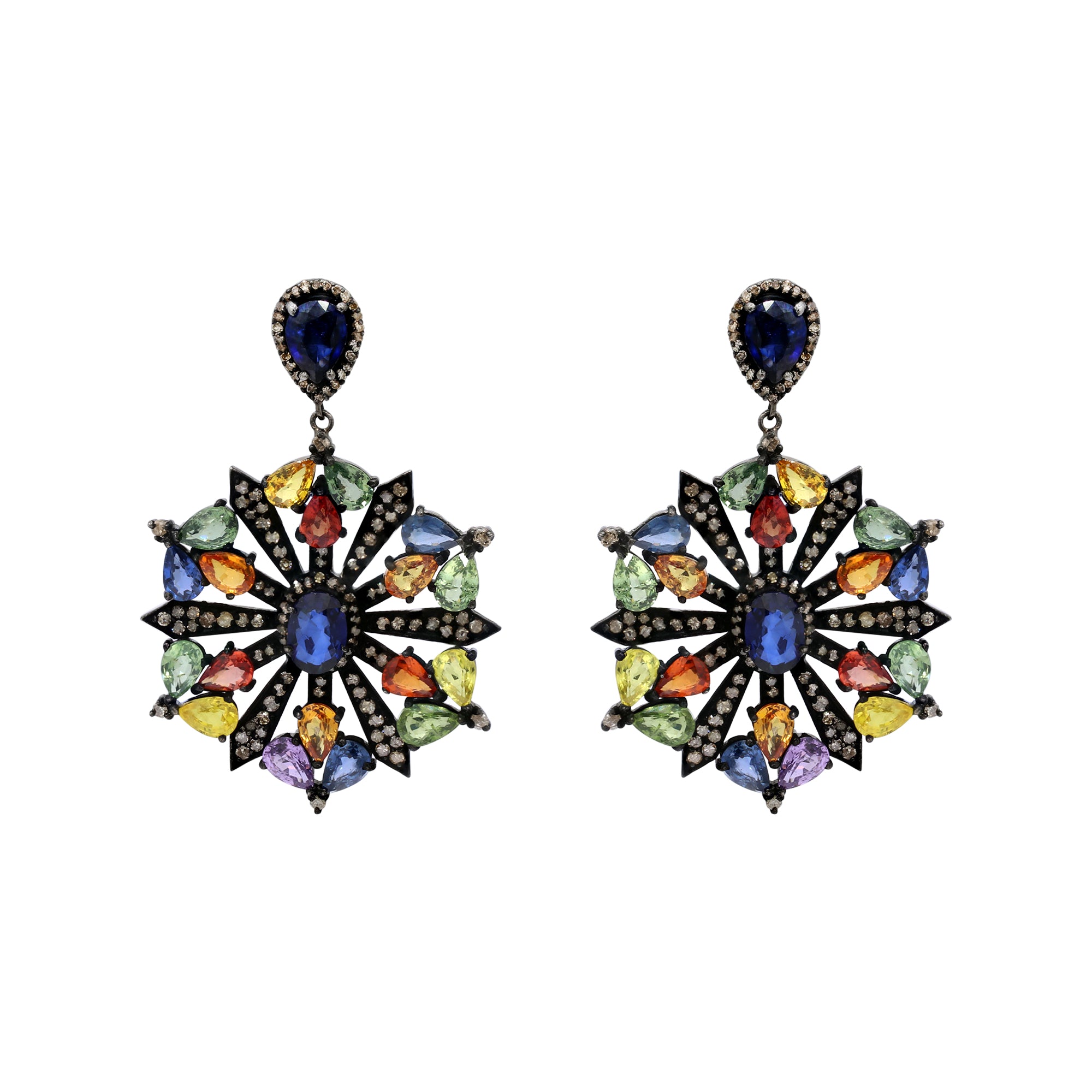 Natural Multi Sapphire And Diamond 925 Sterling Silver Beautiful Drop Earring