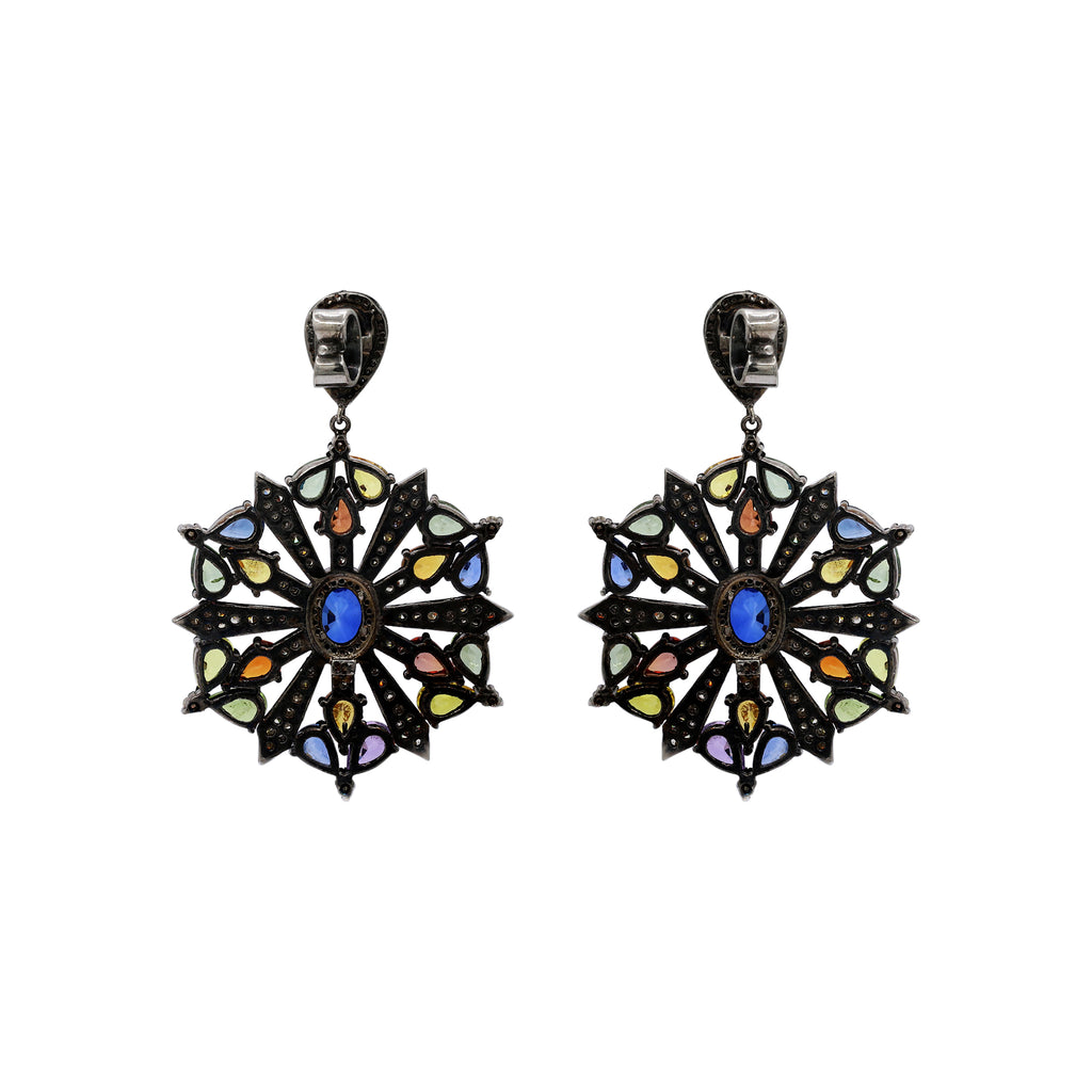 Natural Multi Sapphire And Diamond 925 Sterling Silver Beautiful Drop Earring