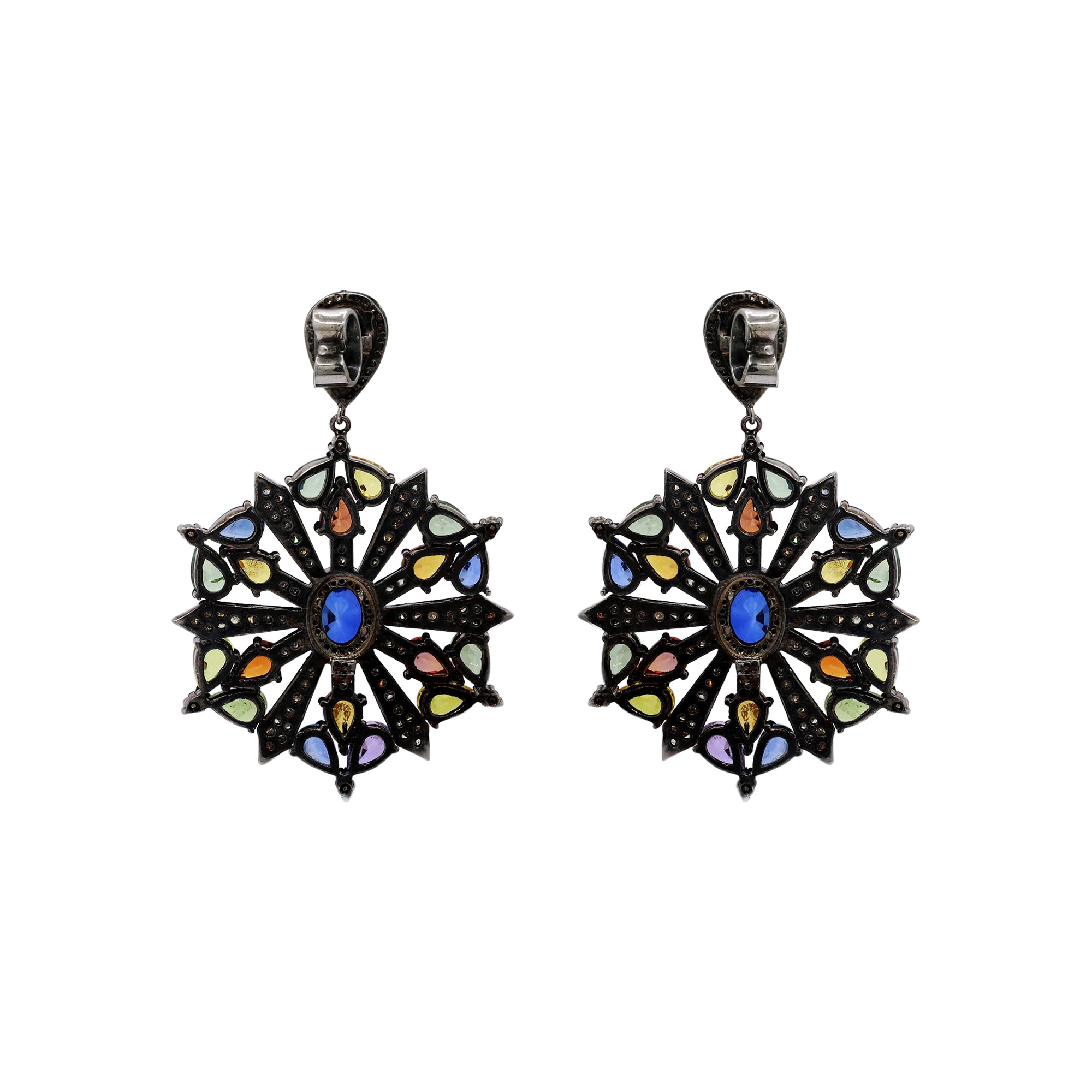 Natural Multi Sapphire And Diamond 925 Sterling Silver Beautiful Drop Earring