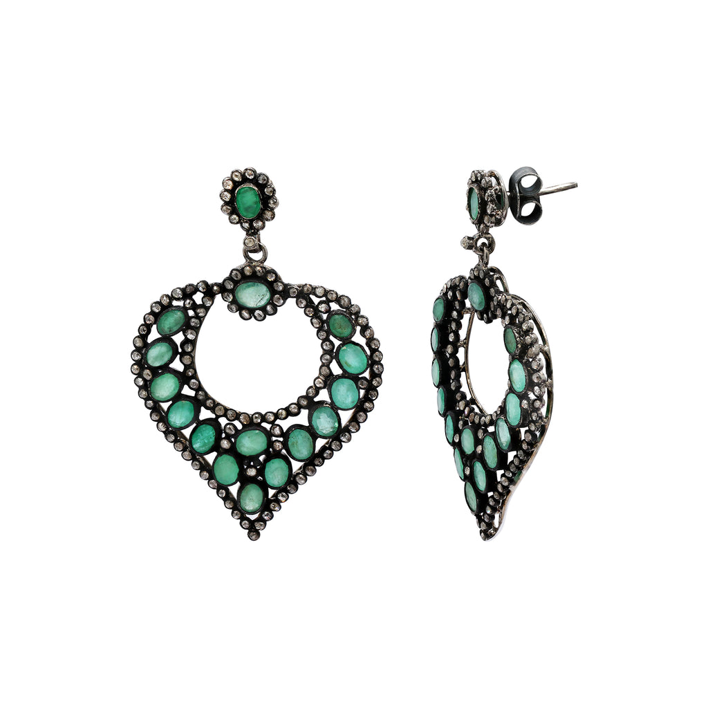 925 Sterling Silver Natural Emerald And Diamond Drop Earrings