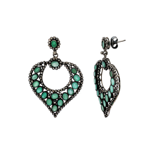 925 Sterling Silver Natural Emerald And Diamond Drop Earrings