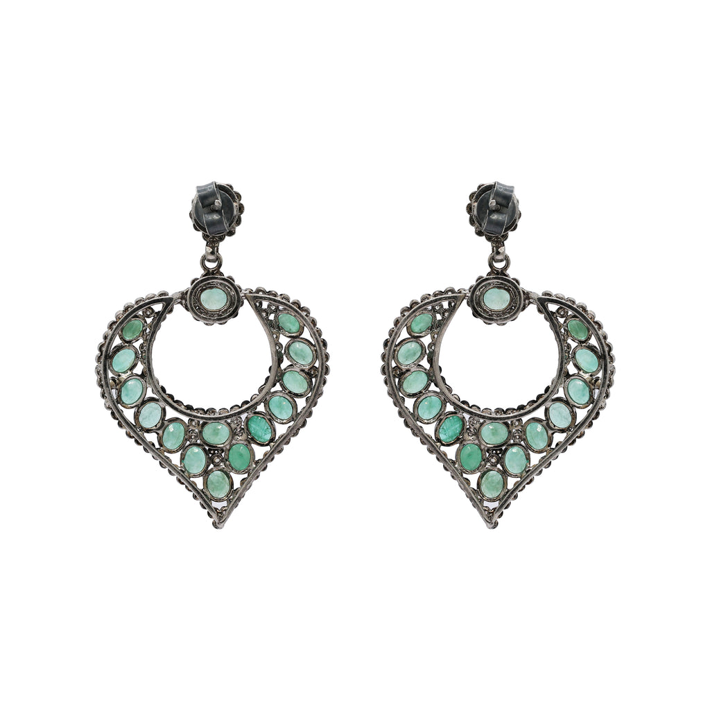 925 Sterling Silver Natural Emerald And Diamond Drop Earrings