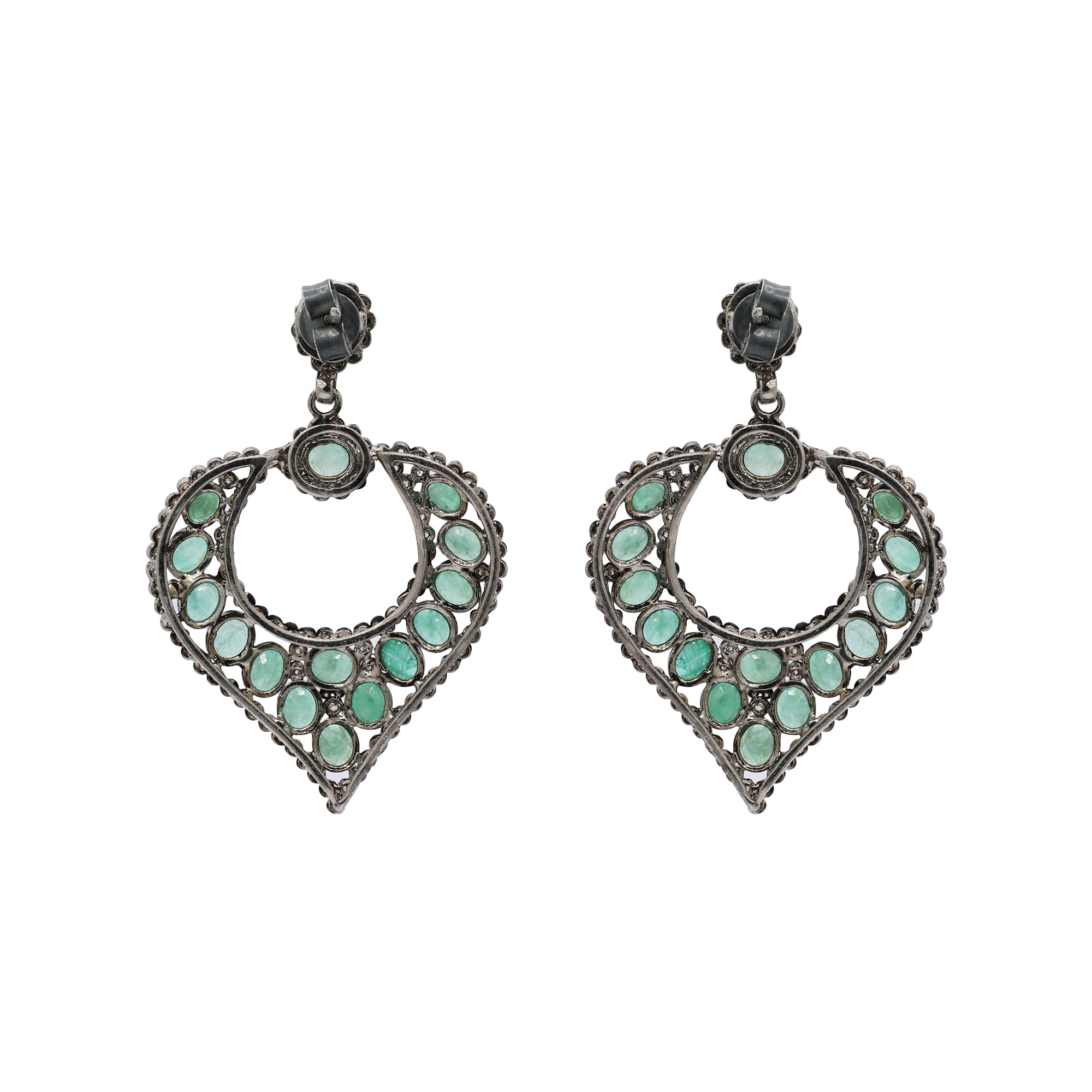 925 Sterling Silver Natural Emerald And Diamond Drop Earrings