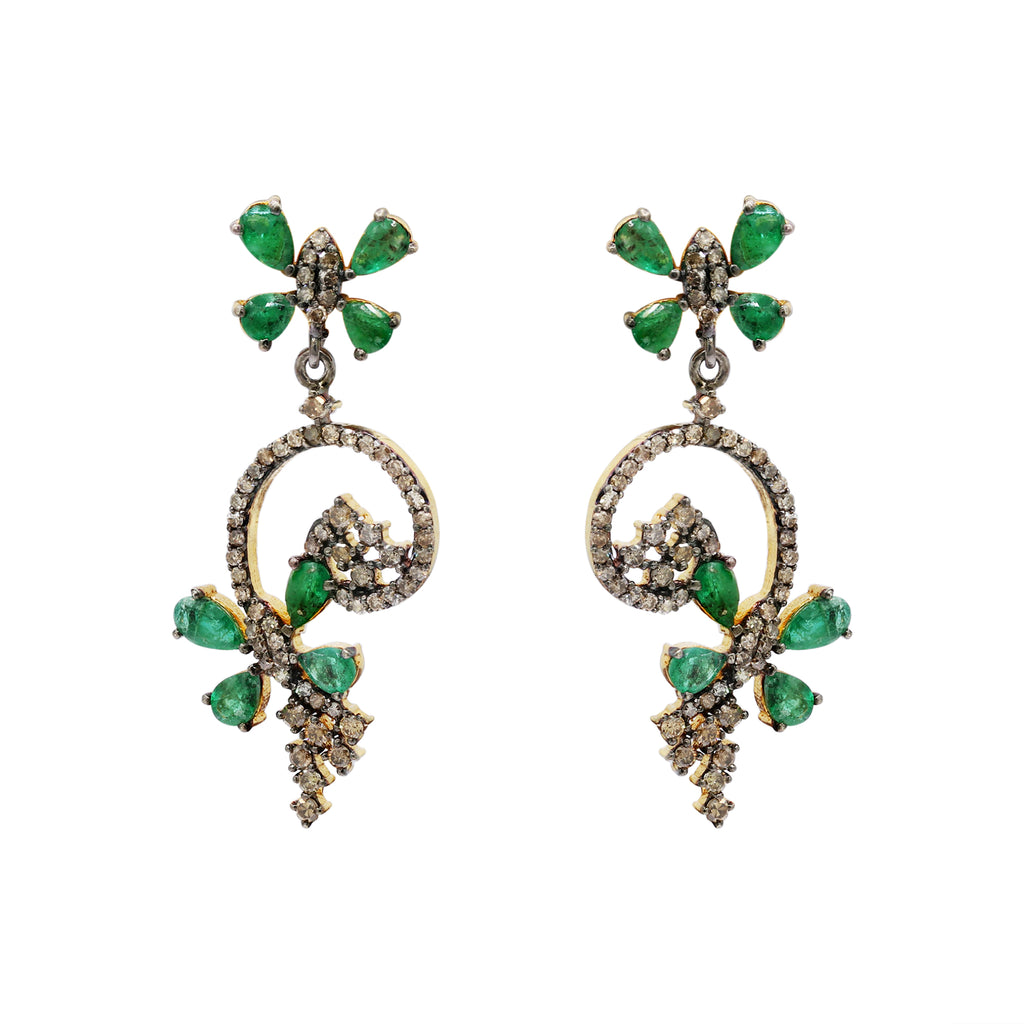 Natural Emerald Gemstone And Diamond Drop Earring 925 Sterling Silver