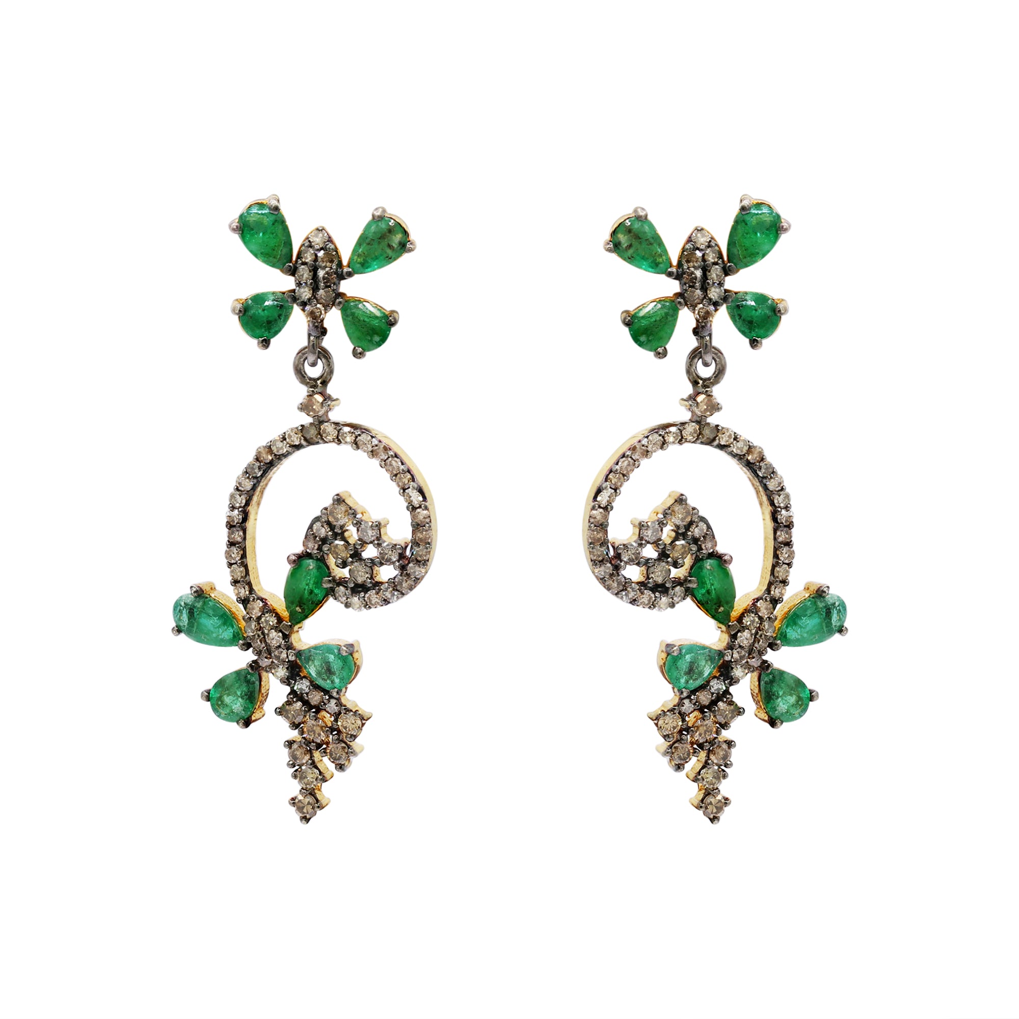 Natural Emerald Gemstone And Diamond Drop Earring 925 Sterling Silver