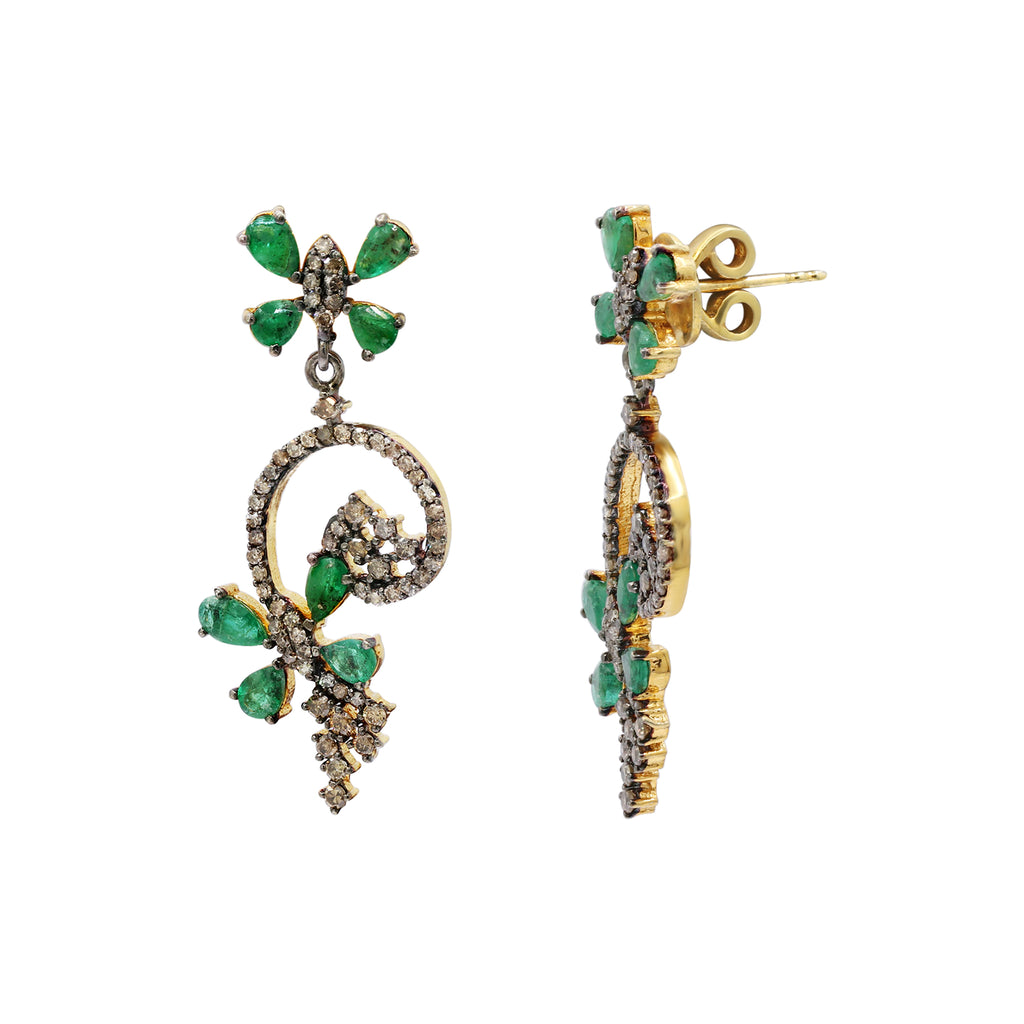 Natural Emerald Gemstone And Diamond Drop Earring 925 Sterling Silver