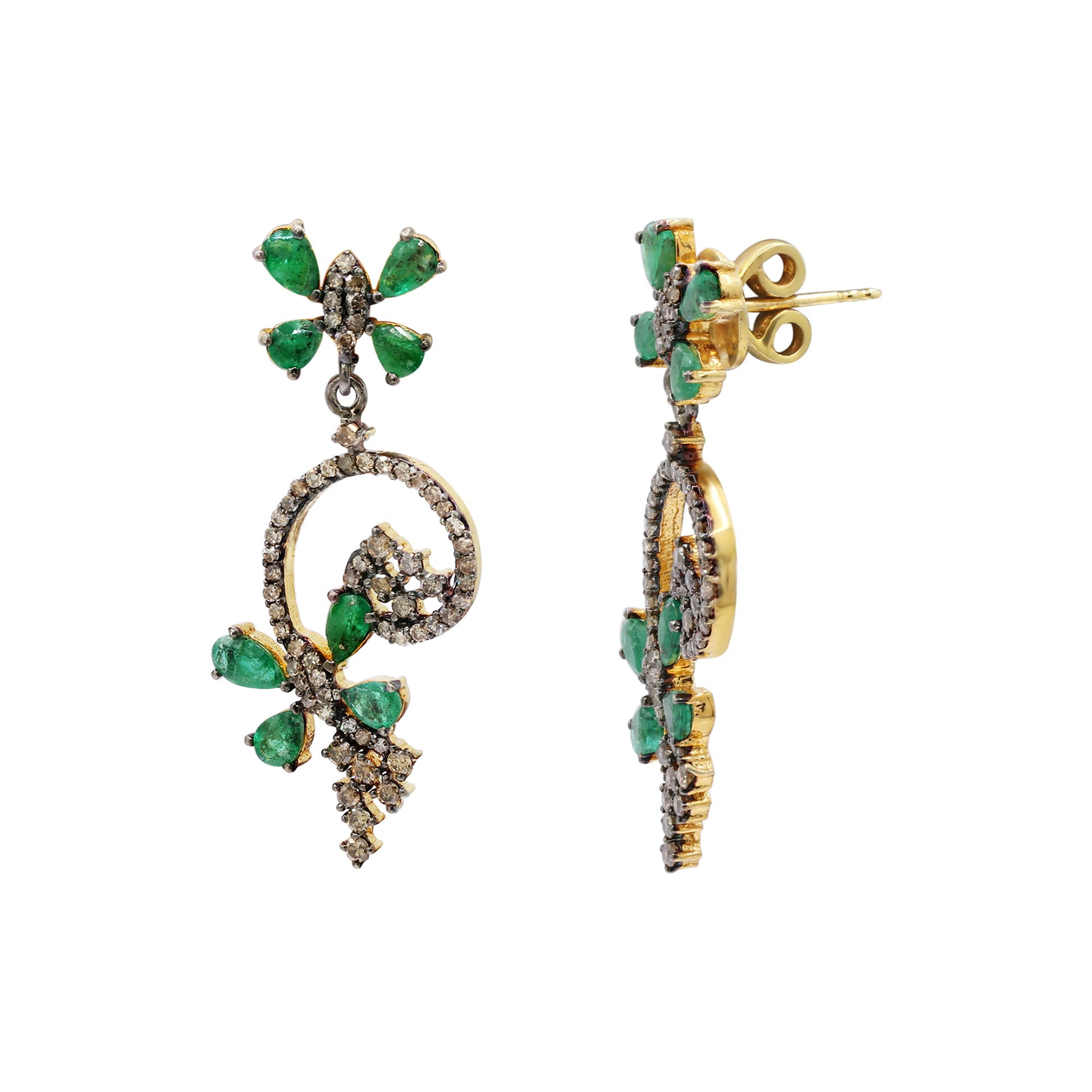 Natural Emerald Gemstone And Diamond Drop Earring 925 Sterling Silver