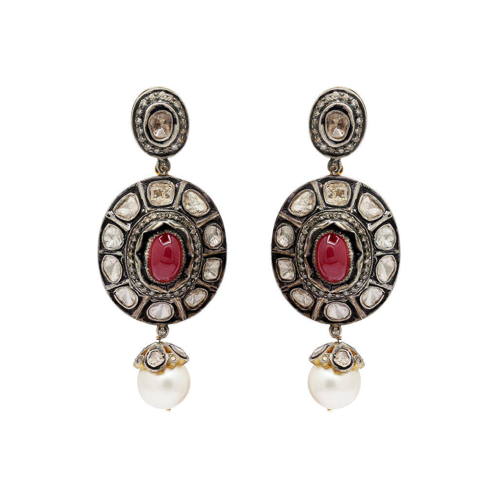Natural Oval Cut Ruby, Pearl And Polki Diamond Gold Plated 925 Sterling Silver Drop Earing