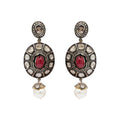 Natural Oval Cut Ruby, Pearl And Polki Diamond Gold Plated 925 Sterling Silver Drop Earing