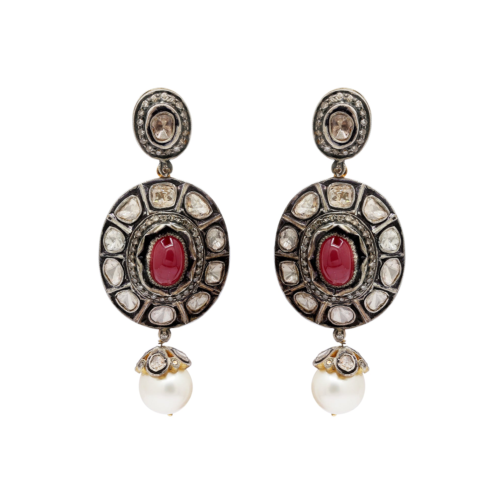 Natural Oval Cut Ruby, Pearl And Polki Diamond Gold Plated 925 Sterling Silver Drop Earing