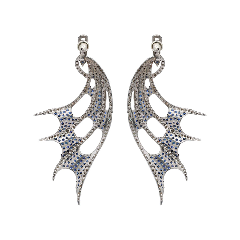 925 Sterling Silver Blue Sapphire And Diamond Angel Wings Drop And Dangle Silver Earrings