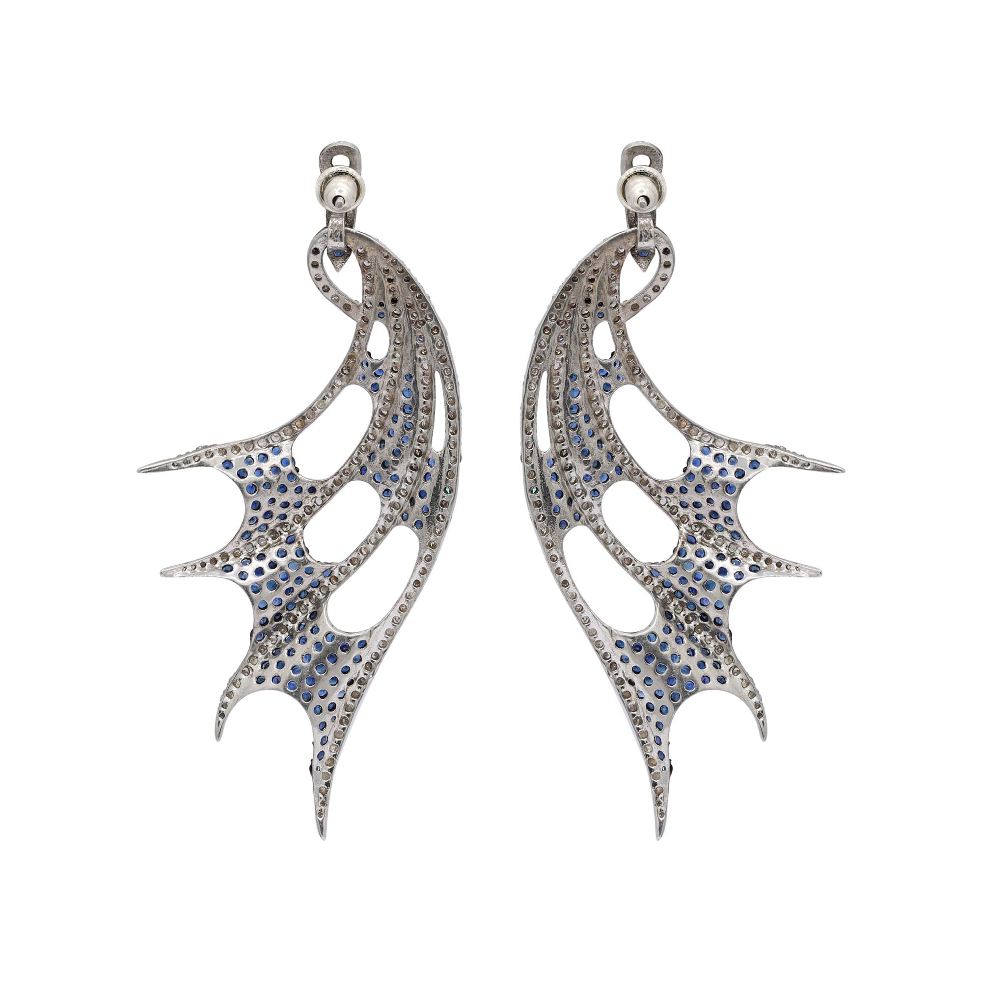 925 Sterling Silver Blue Sapphire And Diamond Angel Wings Drop And Dangle Silver Earrings