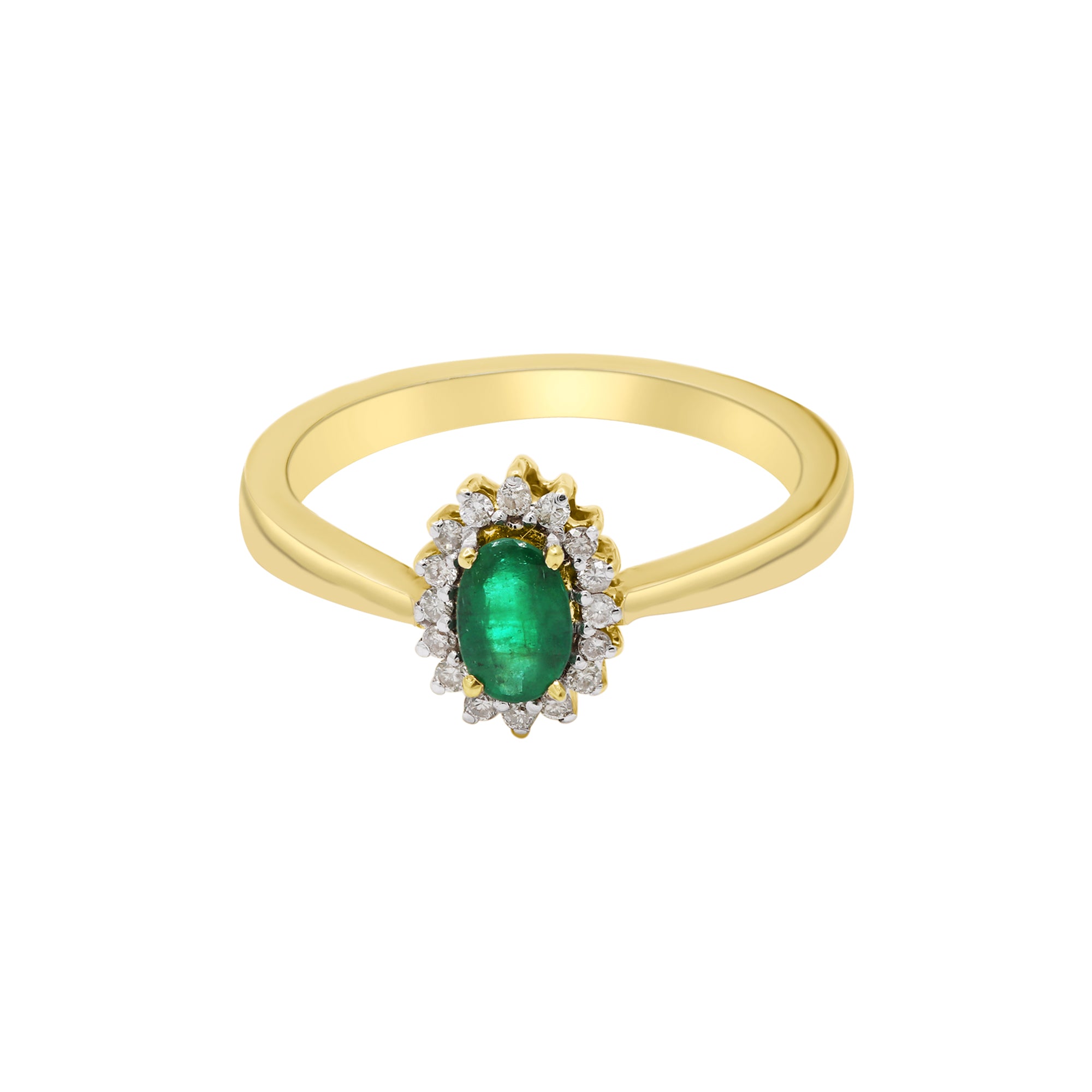 Natural Emerald Oval Cut Gemstone And Diamond Gold Ring In 14k Yellow Gold