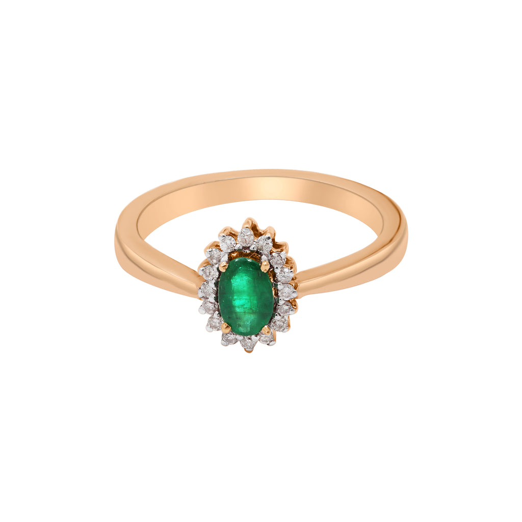 Natural Emerald Oval Cut Gemstone And Diamond Gold Ring In 14k Yellow Gold