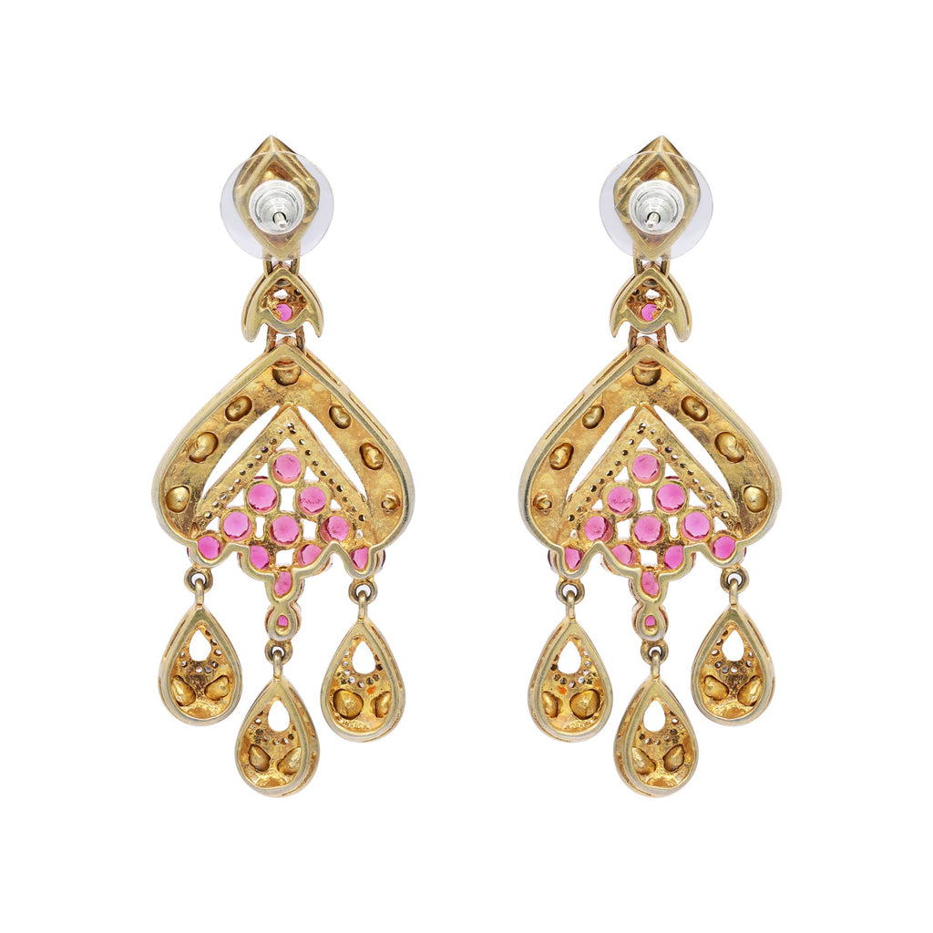 Natural Ruby And Polki Diamond 925 Sterling Silver Gold Plated Drop Dangle Earring