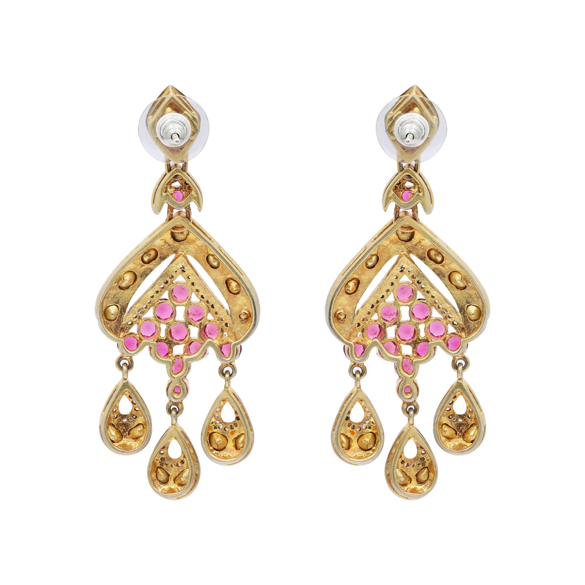 Natural Ruby And Polki Diamond 925 Sterling Silver Gold Plated Drop Dangle Earring