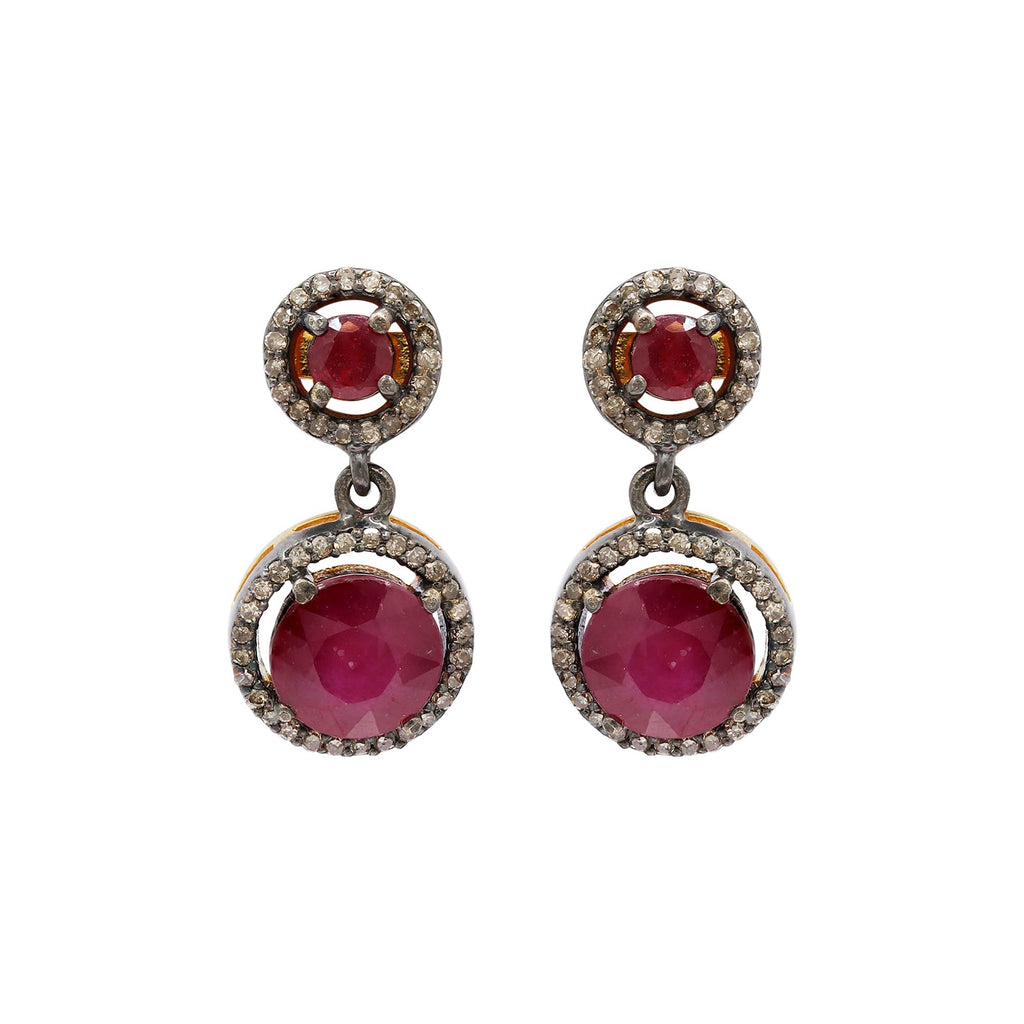 Round Precious Ruby And Diamond 925 Sterling Silver Gold Plated Drop Earrings