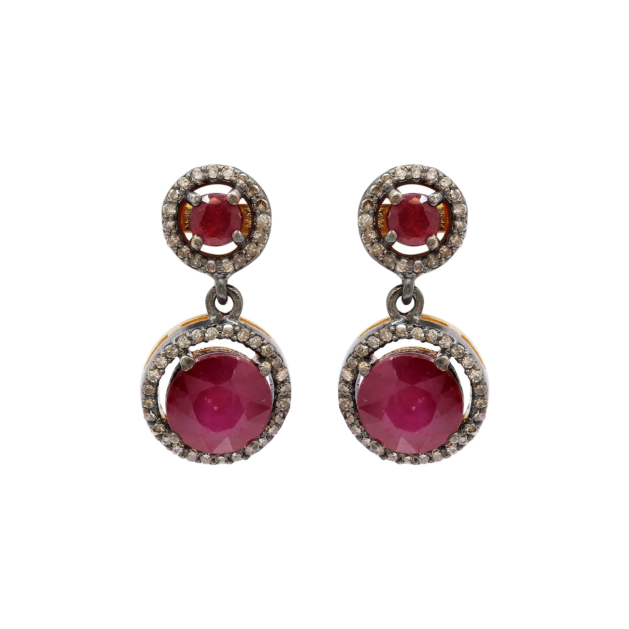Round Precious Ruby And Diamond 925 Sterling Silver Gold Plated Drop Earrings
