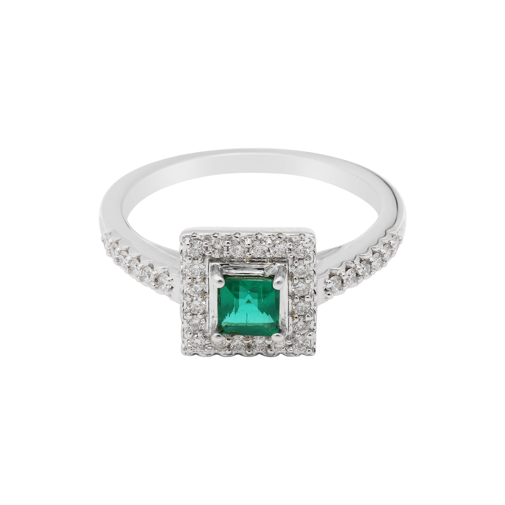 Square Shaped Precious Emerald Gemstone With Diamond Gold Ring In 18k Yellow Gold