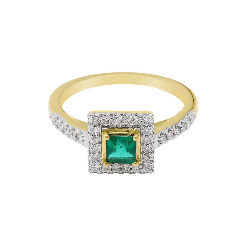Square Shaped Precious Emerald Gemstone With Diamond Gold Ring In 18k Yellow Gold