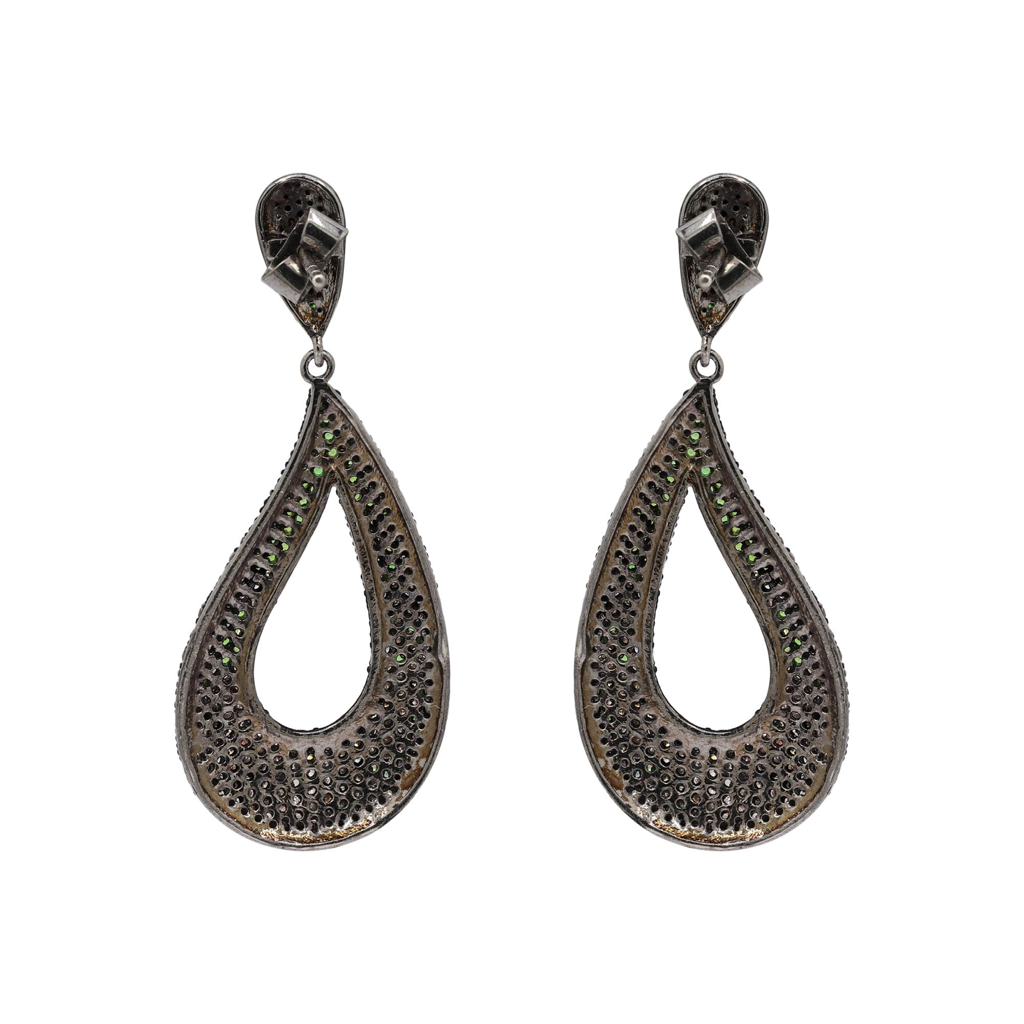 Natural Tsavorite And Diamond 925 Sterling Silver Drop Dangle Earring